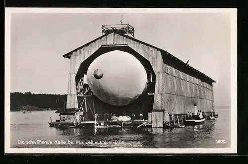 AK Manzell, Schwimmende Halle mit Zeppelin LZ 1