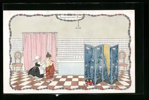 Künstler-AK Mela Köhler: Kleine Dame nimmt ein angenehmes Bad