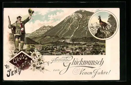 Vorläufer-Lithographie Jenbach, 1895, Teilansicht, Gams auf einem Felsen, Neujahrsgruss