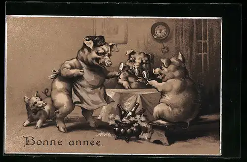 AK Schweine trinken Wein am Tisch, Neujahrsgruss, vermenschlichte Tiere
