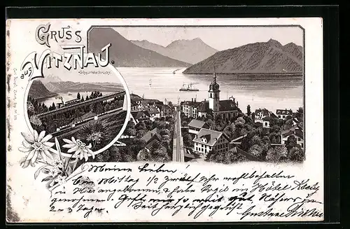 Vorläufer-Lithographie Vitznau, 1895, Teilansicht mit Kirche, Schnurtobelbrücke