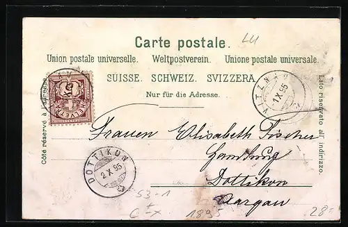 Vorläufer-Lithographie Vitznau, 1895, Teilansicht mit Kirche, Schnurtobelbrücke