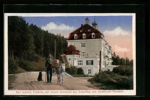 AK Deggendorf, Postbote Karl Schmidt mit Dienstesel vorm Sanatorium Hausstein