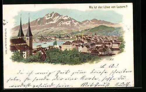 Lithographie Luzern, Wo ist der Löwe von Luzern? Verlag Carl Künzli Nr. 5007