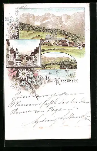 Vorläufer-Lithographie Kitzbühel, 1892, Strassenpartie im Ort, Panorama, See