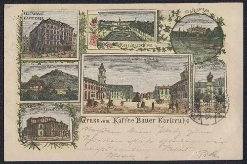 Vorläufer-Lithographie Karlsruhe, Kaffee Bauer, Marktplatz, Scheffel Denkmal 1895
