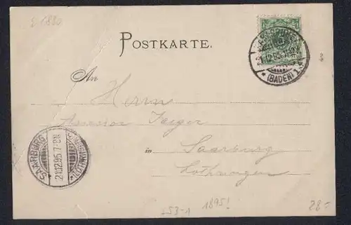 Vorläufer-Lithographie Karlsruhe, Kaffee Bauer, Marktplatz, Scheffel Denkmal 1895