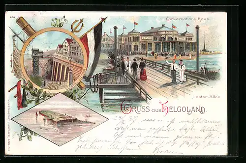 Lithographie Helgoland, Conversations-Haus, Läster-Allee, Electr. Aufzug