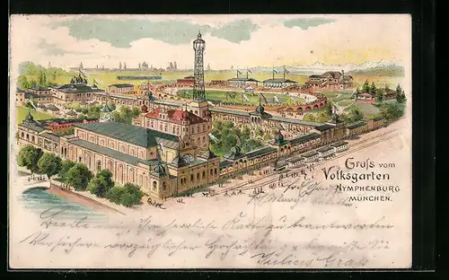 Lithographie München-Nymphenburg, Blick auf den Volksfestgarten