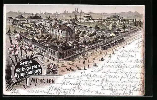 Lithographie München-Nymphenburg, Blick zum Volksgarten