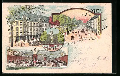 Lithographie München, Hotel Roter Hahn, Karlsplatz