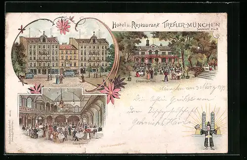 Lithographie München, Hotel Restaurant Trefler in der Sonnenstrasse 21, Pferdebahn