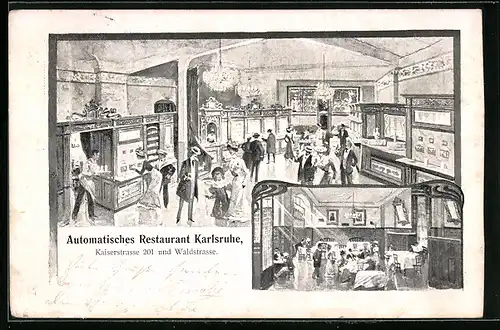 Künstler-AK Karlsruhe, Automatisches Restaurant, Kaiserstrasse 201 und Waldstrasse, Innenansichten