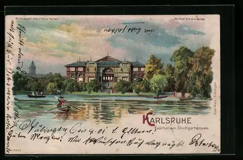 Lithographie Karlsruhe, Festhalle m. Stadtgartensee, Mondschein