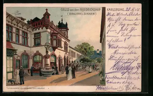 Lithographie Karlsruhe, Gasthaus Friedrichshof mit Brunnen