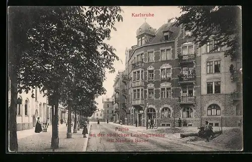 AK Karlsruhe, Südliche Lessingstrasse mit Neubau Baser