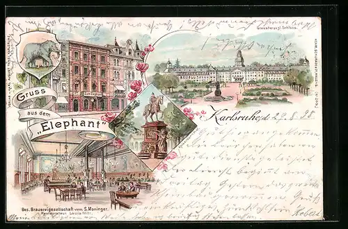 Lithographie Karlsruhe, Restaurant Zum Elephant, Grossherzogliches Schloss