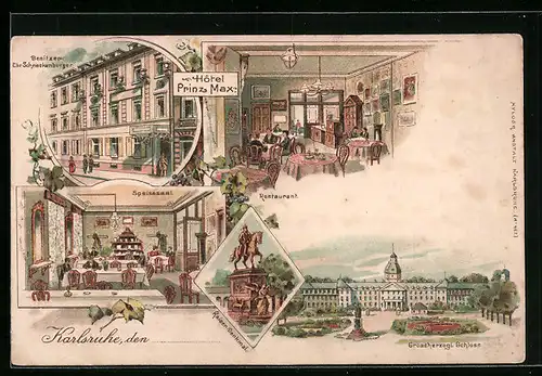 Lithographie Karlsruhe, Hotel Prinz Max, Innenansichten Restaurant und Speisesaal
