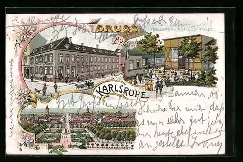 Lithographie Karlsruhe, Gasthaus zum Nussbaum, Kegelbahn und Athleten-Halle, Schloss