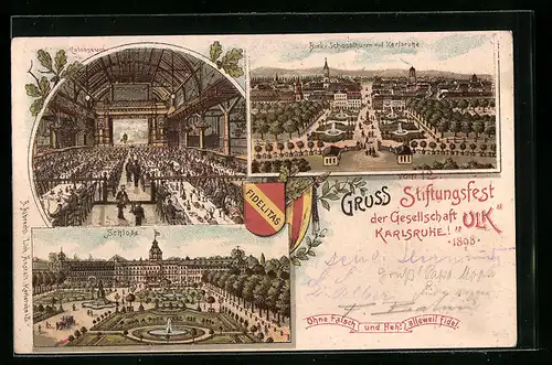 Lithographie Karlsruhe, 12. Stiftungsfest der Gesellschaft Ulk 1898, Inneres Colosseum, Schloss, Blick vom Schlossturm