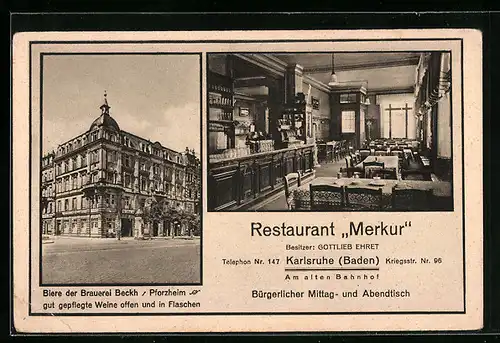 AK Karlsruhe /Baden, Restaurant Merkur, Kriegsstrasse 96, Innenansicht