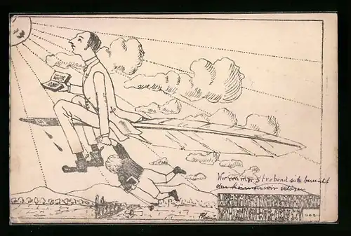 Künstler-AK Karlsruhe, Abitur Seminar I 1910, Lehrer und Schüler fliegen auf Feder, Absolvia