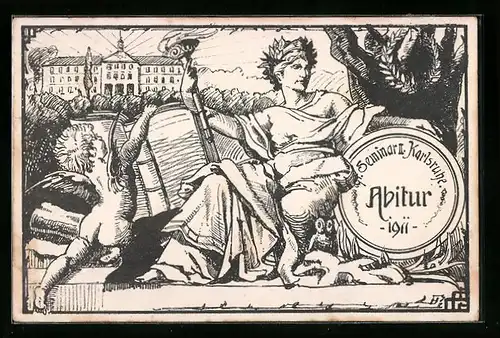 Künstler-AK Karlsruhe, Abitur Seminar II 1911, Römer und Enlein mit Buch, Absolvia