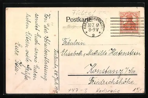 Künstler-AK Karlsruhe, Reise ins Leben der Klasse I a 1917, Ortspartie mit Fichteschule und Stift, Absolvia