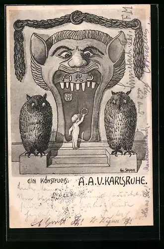 Künstler-AK Karlsruhe, Absolvia, Ein Kunstfuchs, Eulen