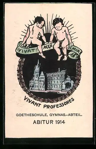 Künstler-AK Karlsruhe, Vivat Accademia, Goetheschule, Gymnas.-Abteil., Abitur 1914