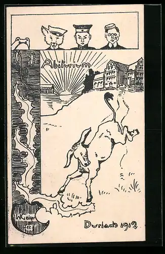 Künstler-AK Karlsruhe, Abiturium, Durlach 1912, Esel