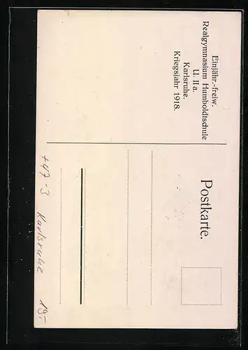 Künstler-AK Karlsruhe, Einjähr.-freiw. Realgymnasium Humboldtschule U. IIa., Kriegsjahr 1918, Absolvent beim Abschied