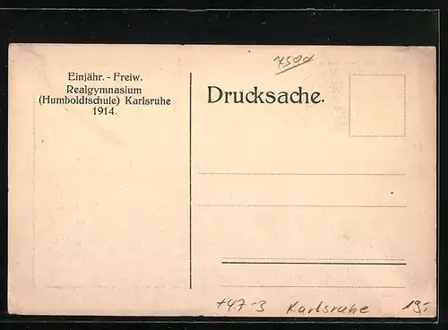Künstler-AK Karlsruhe, Einjähr. Freiw. Realgymnasium, Humboldtschule, 1914, Absolvia