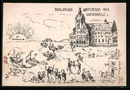 Künstler-AK Karlsruhe, Abiturium 1925, Goetheschule, Sonnenaufgang