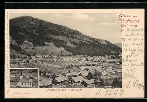 AK Schattwald, Teilansicht mit Wannerjoch, Kirche