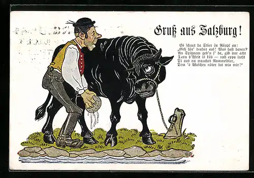Künstler-AK Salzburg, Mann wäscht einen Stier