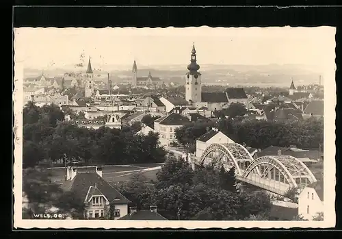AK Wels, Ortsansicht mit Brücke aus der Vogelschau