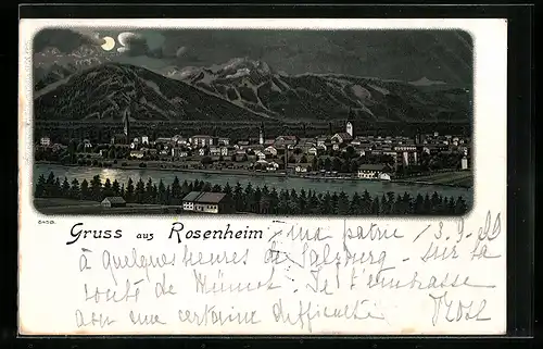 Lithographie Rosenheim / Obb., Panorama bei Vollmond