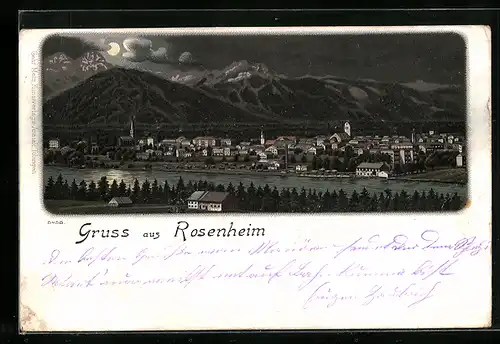 Lithographie Rosenheim, Ortsansicht aus der Vogelschau bei Nacht