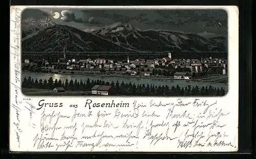 Lithographie Rosenheim, Blick auf den Ort bei Nacht