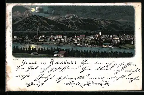 Lithographie Rosenheim, Ortsansicht aus der Vogelschau bei Nacht