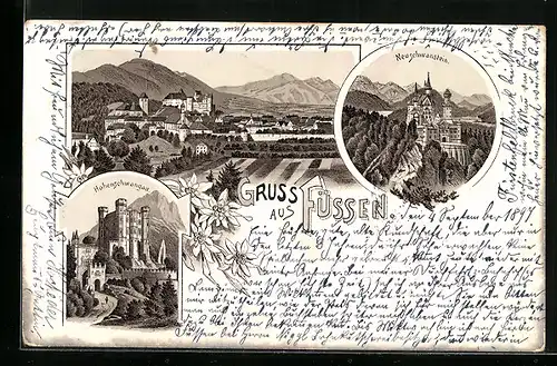 Lithographie Füssen, Ortsansicht, Neuschwanstein, Hohenschwangau