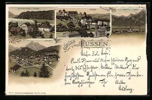 Lithographie Füssen, Teilansicht, Weisses Haus, Reutte