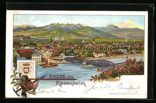 Lithographie Rosenheim, Panorama gegen die Berge