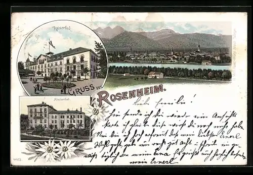 Lithographie Rosenheim, Totalansicht, Hotel Kaiserbad & Marienbad