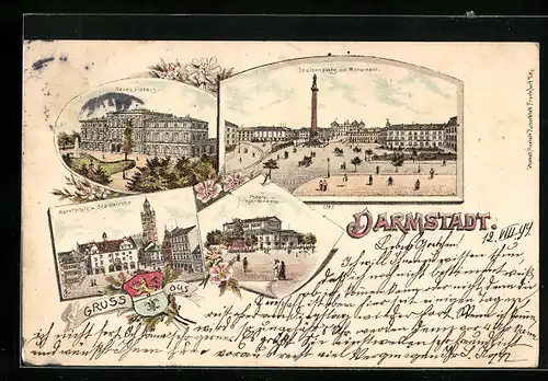 Lithographie Darmstadt, Neues Palais, Marktplatz mit Stadtkirche, Theater