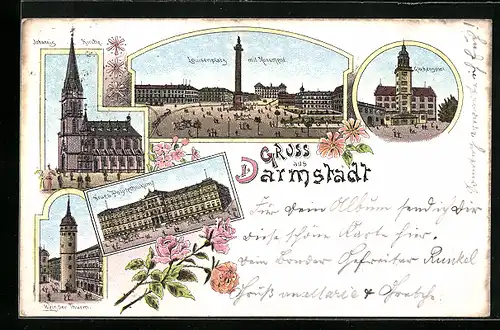Lithographie Darmstadt, Johannis-Kirche, Neues Polytechnikum, Weisser Thurm