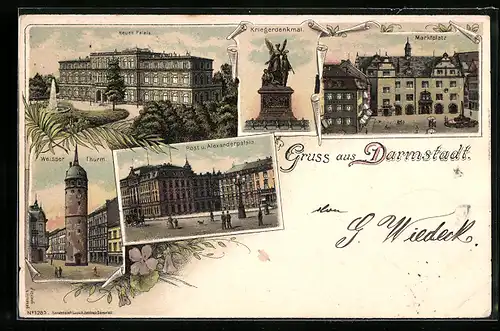 Lithographie Darmstadt, Neus Palais, Post u. Alexanderpalais, Weisser Turm