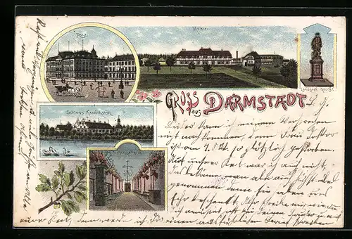 Lithographie Darmstadt, Post, Landgraf Georg Denkmal, Meierei