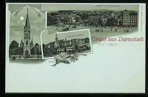 Mondschein-Lithographie Darmstadt, Elisabethenstift, Johannis-Kirche, Parade- und Theaterplatz